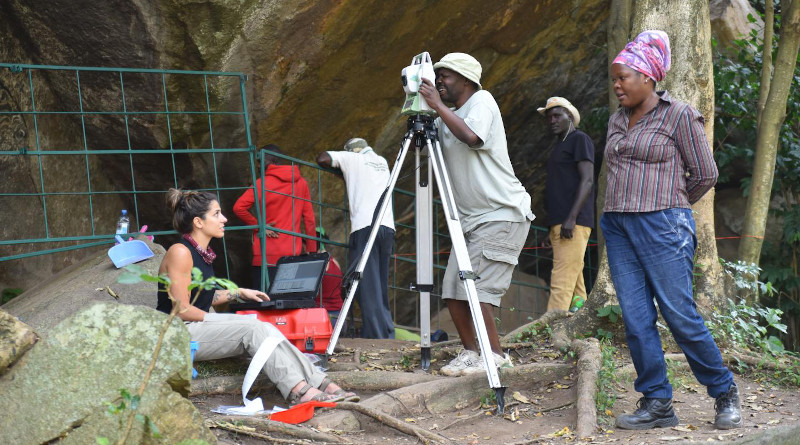 Paper co-author Dr. Christine Ogola oversees excavations at Kakapel Rockshelter with MPI-SHH PhD student Victor Imjili and post-doctoral researcher Emma Finestone. CREDIT: Steven Goldstein