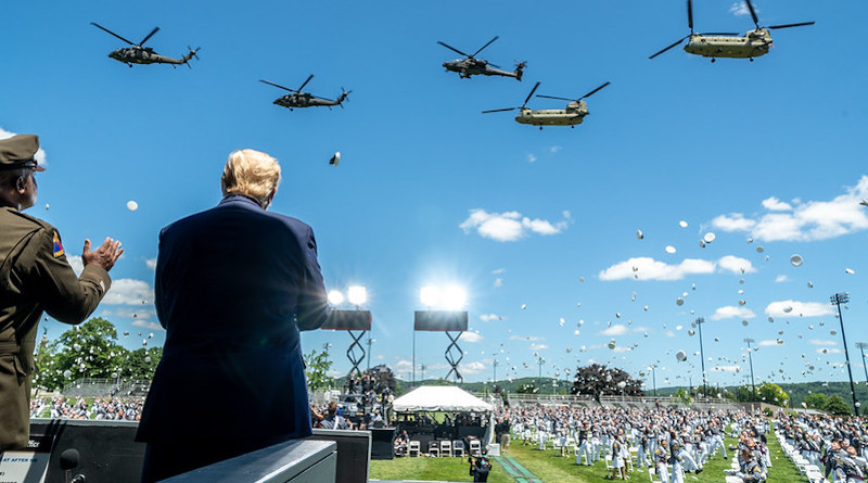 President Donald J. Trump, joined by LTG Darryl Williams, 60th Superintendent of the United States Military Academy at West Point, observes a helicopter flyover at the conclusion of the United States Military Academy commencement ceremony Saturday, June 13, 2020, in West Point, N.Y. (Official White House Photo by Shealah Craighead)