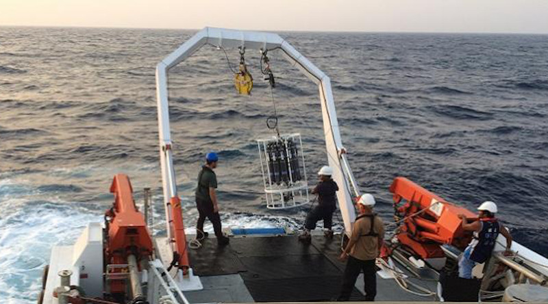 A CTD (a probe measuring temperature, salinity and depth) and rosette sampler is brought on board the RV Thuwal to collect water samples from the surface down to 700 meters at a station off King Abdullah Economic City. CREDIT: © 2020 KAUST