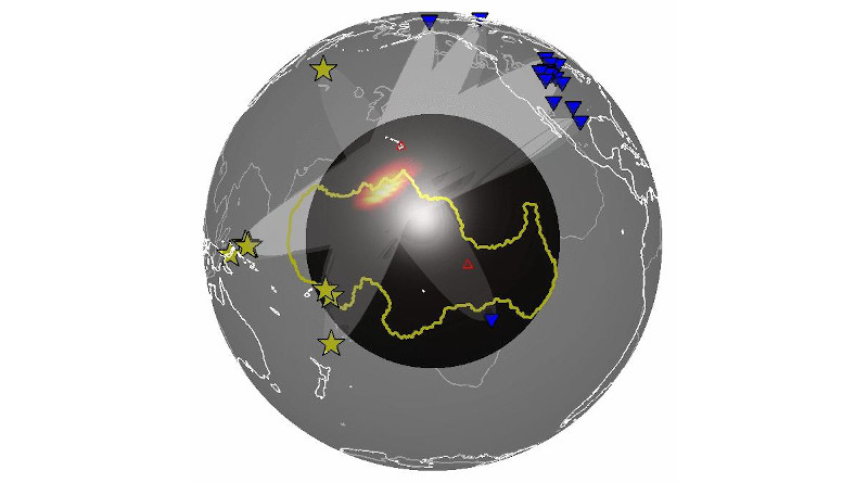 Earthquakes, seen as yellow stars here, send sound waves through the Earth. Seismograms, seen as blue triangles here, record the echoes as those waves travel along the core-mantle boundary, diffracting and bending around dense rock structures. New research from University of Maryland provides the first broad view of these structures, revealing them to be much more widespread than previously known. CREDIT: Doyeon Kim/University of Maryland