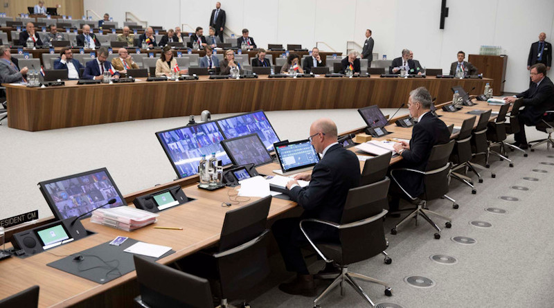 NATO Secretary General Jens Stoltenberg presides in Brussels at a virtual meeting of the alliance’s defense ministers, June 18, 2020. Photo Credit: NATO