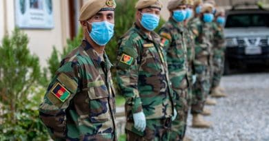 Afghan National Army commandos stand in formation wearing face masks during coronavirus pandemic. Photo Credit: Army Spc. Jeffery J. Harris