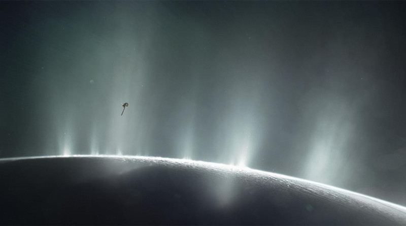 This illustration shows NASA's Cassini spacecraft flying through plumes on Enceladus in October 2015. CREDIT: NASA/JPL-Caltech