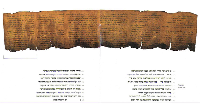 The Psalms scroll, one of the Dead Sea scrolls. Photograph: the Israel Antiquities Authority 1993; photographer not named. - Library of Congress
