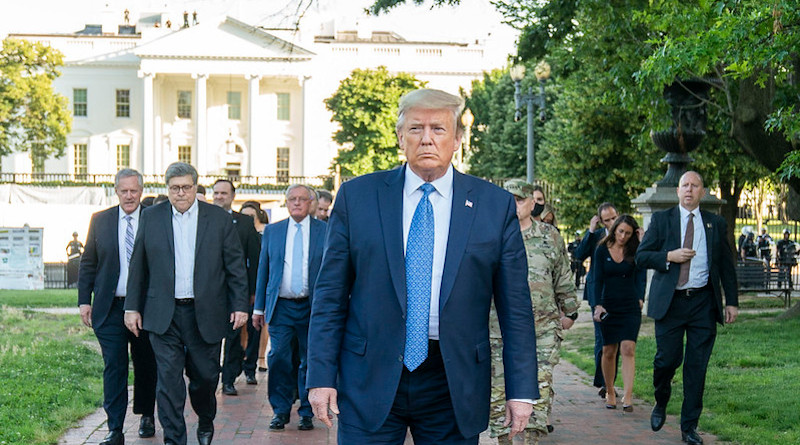 President Donald J. Trump walks from the White House Monday evening, June 1, 2020, to St. John’s Episcopal Church, known as the church of Presidents’s, that was damaged by fire during demonstrations in nearby LaFayette Square Sunday evening. (Official White House Photo by Shealah Craighead)