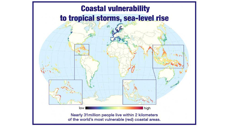 A new study finds that about 31 million people worldwide live in coastal regions that are "highly vulnerable" to future tropical storms and sea-level rise driven by climate change. But in some of those regions, powerful defenses are located just offshore. CREDIT: Northern Illinois University