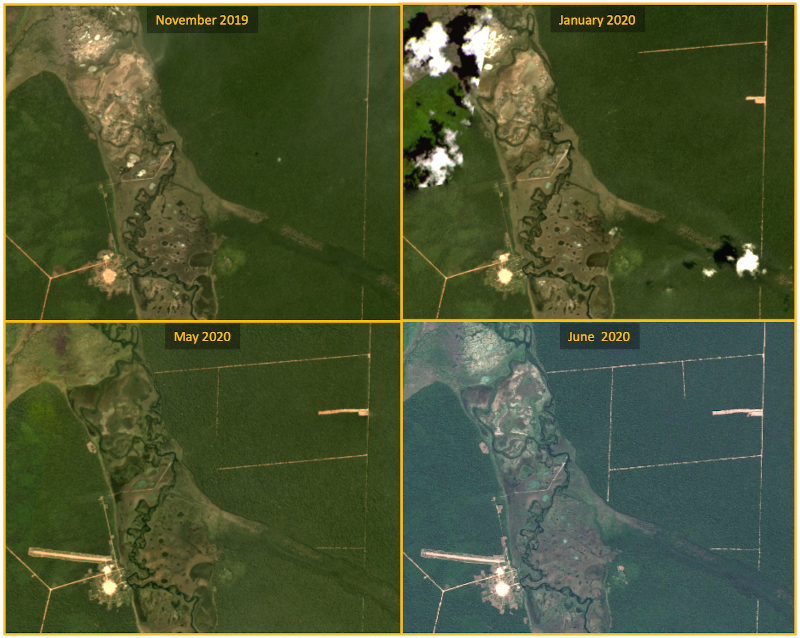 Zooming in on the highlighted area in the map above, satellite imagery shows the progression of deforestation across the river from Wawi Indigenous Territory in the left of the images. What appears to be a community can be seen in in the lower right. Source: Planet Labs Inc./Copernicus Sentinel-2.