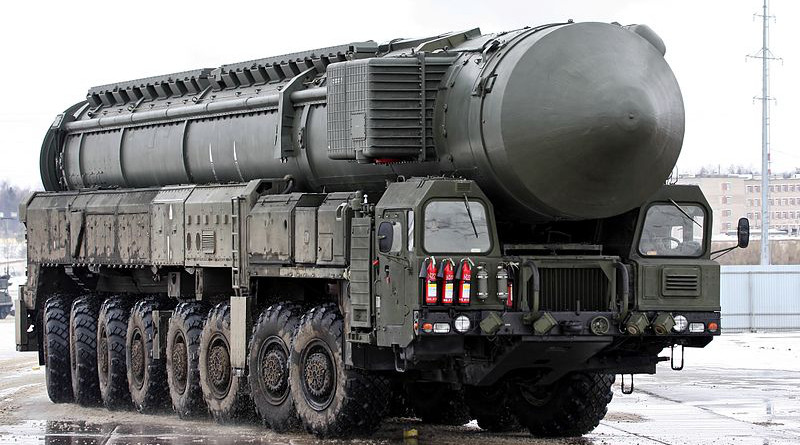 A Russian Topol-M intercontinental ballistic missile (in its container) on a MZKT-79221 mobile launcher. Photo Credit: Vitaly V. Kuzmin, Wikipedia Commons.