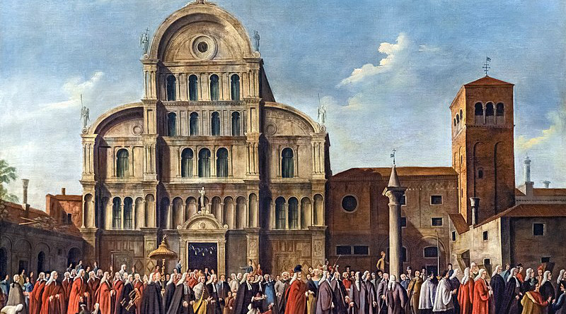 View of the San Zaccaria church in Venice and adjoining monastery by Gabriele Bella (1790), in Pinacoteca Querini Stampalia. Source: Wikipedia Commons