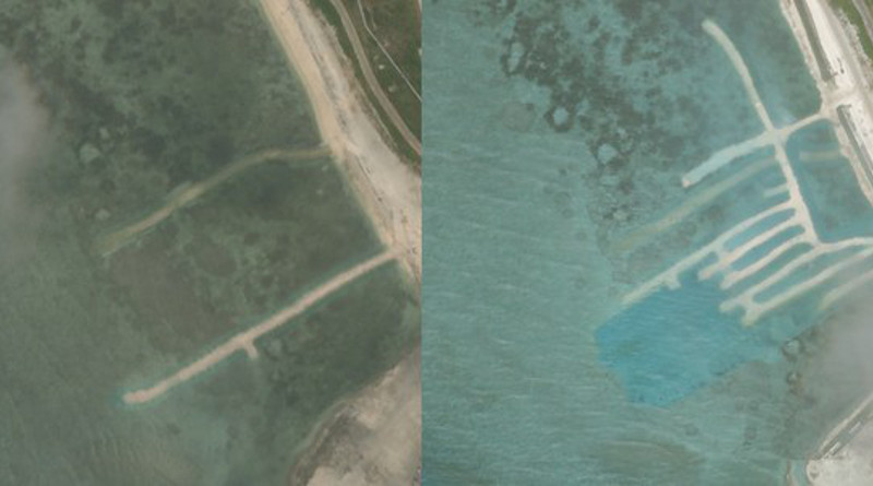 These satellite images, taken on April 17 and June 25, 2020, show a section of Woody Island, in the Paracel chain. Dredging is visible by the discoloration of the water and new sand structures built up nearby. Photo Credit: PlanetLabs Inc, Benar News