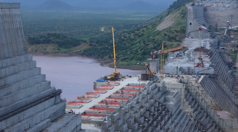 The giant Grand Ethiopian Renaissance Dam that Ethiopia is building on the Blue Nile in September 2019. Photo Credit: VOA
