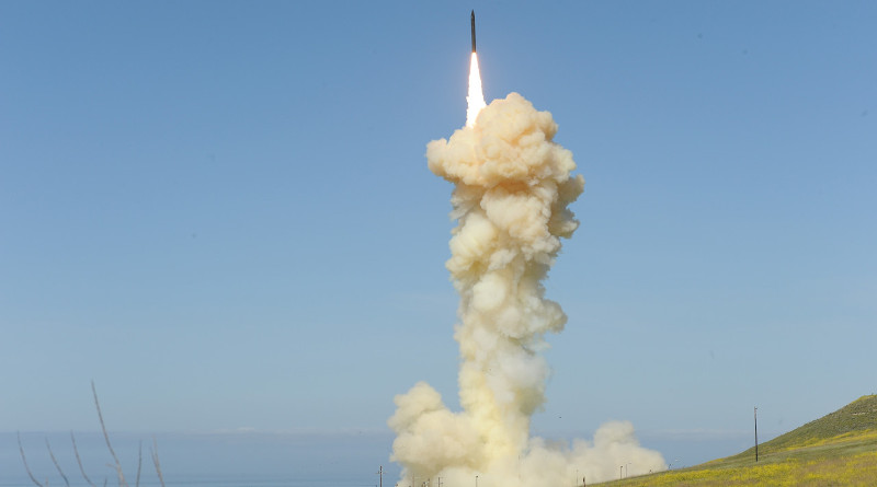 The lead ground-based interceptor is launched from Vandenberg Air Force Base, Calif., March 25, 2019, in the first salvo engagement test of a threat-representative intercontinental ballistic missile target. The two ground-based interceptors successfully intercepted a target launched from the Ronald Reagan Ballistic Missile Defense Test Site on Kwajalein Atoll in the Pacific Ocean. Photo Credit: Lisa Simunaci, DOD