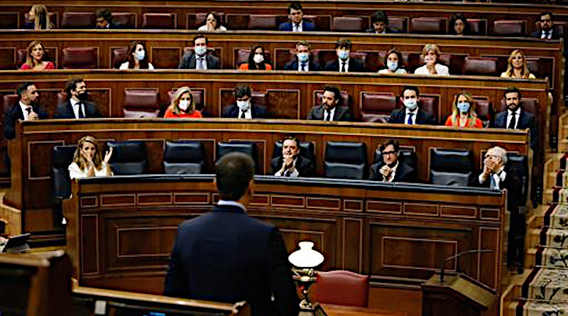 Spain's Prime Minister Pedro Sánchez speaks in the Lower House of Parliament. Photo Credit: Moncloa