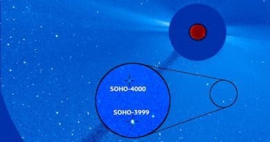 Courtesy Photo | The 4,000th comet discovered by ESA (European Space Agency) and NASA's SOHO observatory is seen here in an image from the spacecraft alongside SOHO's 3,999th comet discovery. The two comets are relatively close at approximately 1 million miles apart, suggesting that they could have been connected together as recently as a few years ago. CREDIT: ESA/NASA/SOHO/Karl Battams