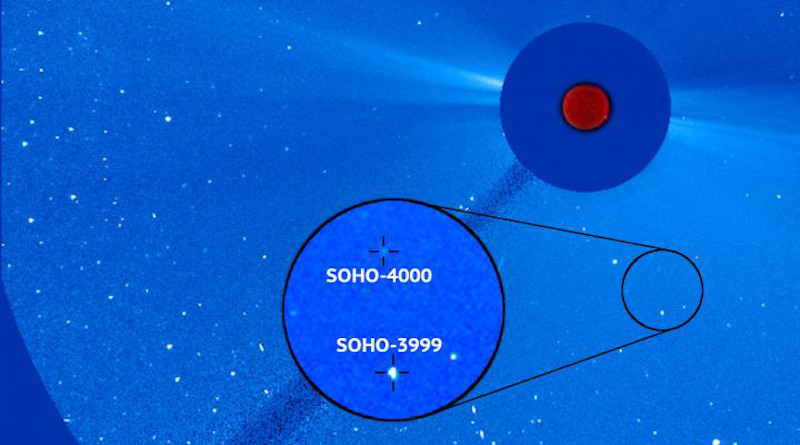 Courtesy Photo | The 4,000th comet discovered by ESA (European Space Agency) and NASA's SOHO observatory is seen here in an image from the spacecraft alongside SOHO's 3,999th comet discovery. The two comets are relatively close at approximately 1 million miles apart, suggesting that they could have been connected together as recently as a few years ago. CREDIT: ESA/NASA/SOHO/Karl Battams