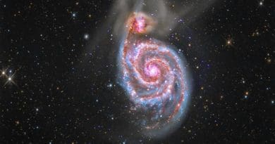 Galaxy M51 is a spiral galaxy, about 30 million light years away, that is in the process of merging with a smaller galaxy seen to its upper left. CREDIT Image credit: X-ray: NASA/CXC/SAO; Optical: Detlef Hartmann; Infrared: Courtesy NASA/JPL-Caltech.