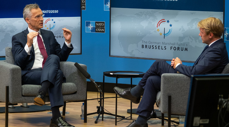 NATO Secretary General Jens Stoltenberg speaks with the Brussels Bureau Chief Martin Preiss of German broadcaster ARD at the Brussels Forum. Photo Credit: NATO