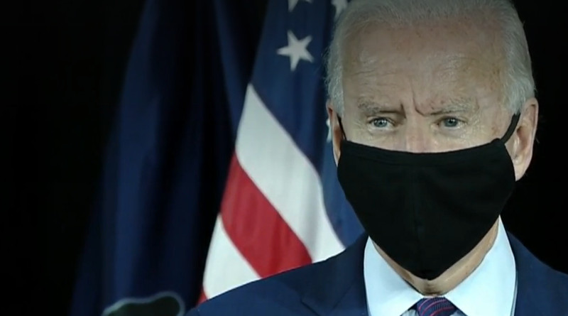 Presumptive Democratic Party presidential nominee Joe Biden wearing a face mask. Photo Credit: Video screenshot KDKA-TV interview (see below)