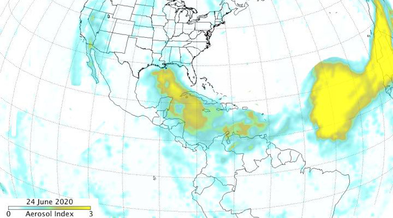 This June 24, 2020 image is from the Suomi NPP OMPS aerosol index. The dust plume moved over the Yucatan Peninsula and up through the Gulf of Mexico. The largest and thickest part of the plume is visible over the eastern and central Atlantic. Credits: NASA/NOAA, Colin Seftor