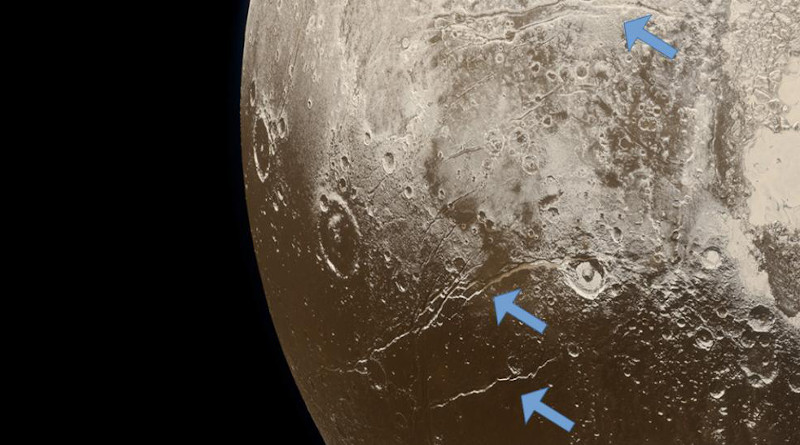 Extensional faults (arrows) on the surface of Pluto indicate expansion of the dwarf planet's icy crust, attributed to freezing of a subsurface ocean. CREDIT: NASA/Johns Hopkins University Applied Physics Laboratory/Southwest Research Institute/Alex Parker