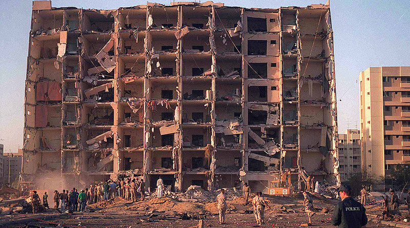 Khobar Towers bombing in Dhahran, Saudi Arabia. On June 25, 1996, a terrorist truck bomb exploded outside the northern perimeter of the U.S. portion of the Khobar Towers housing complex. The explosion killed nineteen servicemen and wounded hundreds of others, including civilians of several nationalities. Credit: DoD photo
