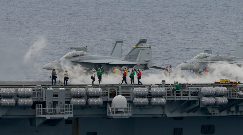 Sailors assigned to the aircraft carrier USS Nimitz conduct flight operations as part of the Nimitz Carrier Strike Force during drills in the South China Sea, July 6, 2020. Photo Credit: U.S. Navy photo by Mass Communication Specialist 1st Class Timothy M. Black/Released