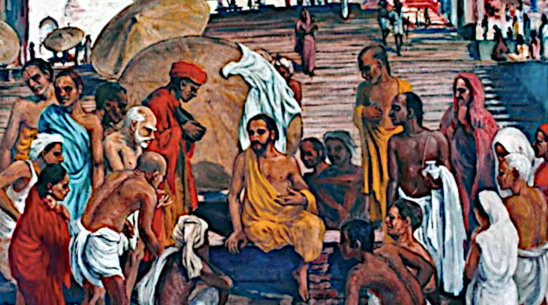 Indian artist Frank Wesley's work 'Jesus in Varanasi' presents Christ as an Indian (sitting center in yellow robe) conversing with people on the banks of the Ganges, the Hindu holy river. (Photo: indiaartsmovement.wordpress.com)