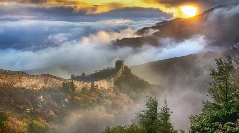 Landscape China Wall Sky Clouds Fog Sun Mountain