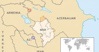 Location of the July 2020 skirmishes marked with red square. Location of the skirmishes claimed to occur by Azerbaijan, but not confirmed by Armenia marked with blue square. Credit: Wikipedia Commons