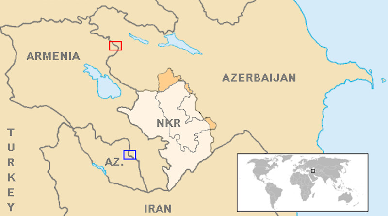 Location of the July 2020 skirmishes marked with red square. Location of the skirmishes claimed to occur by Azerbaijan, but not confirmed by Armenia marked with blue square. Credit: Wikipedia Commons