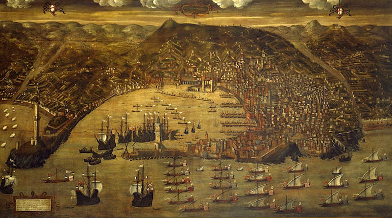 The Genoese fleet returning to port after a successful expedition against the Ottoman Turks. Depicted in the 1597 painting "View of Genoa," by Christoforo de Grassi.