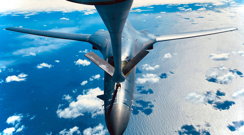 A B-1B Lancer receives fuel from a KC-135 Stratotanker during a training mission for Bomber Task Force Europe over England, May 11, 2020. Bomber Task Force missions are intended to demonstrate U.S. commitment to the defense of the NATO alliance. Photo Credit: Air Force Staff Sgt. Kelly O'Connor