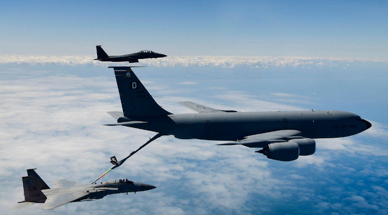 A KC-135 Stratotanker assigned to the 100th Air Refueling Wing at Royal Air Force Mildenhall, England,, conducts aerial operations with F-15 aircraft assigned to the 48th Fighter Wing at RAF Lakenheath, England, in support of exercise Point Blank 20-02 over the North Sea, May 12, 2020. Photo Credit: Air Force Master Sgt. Matthew Plew