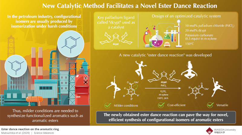 A new, practical catalytic reaction called the "Ester Dance Reaction," to achieve a high yield of aromatic esters from low-cost starting materials. Credit: JUNICHIRO YAMAGUCHI (WASEDA UNIVERSITY)