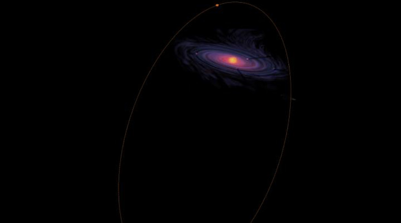 Composition made by the researcher of an artistic image from NASA used to show what the primordial solar system would be like, with the addition of a Centaur in polar orbit in the outer region CREDIT: Maria Helena Moreira Morais