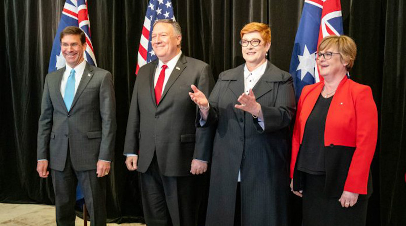 From left, U.S. Secretary of Defense Mark Esper and Secretary of State Mike Pompeo with Australia's Foreign Minister Marise Payne and Defense Minster Linda Reynolds (State Dept./Ron Przysucha)