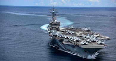 The US Navy's aircraft carrier USS Ronald Reagan transits the San Bernardino Strait, crossing from the Philippine Sea into the South China Sea. U.S. Navy photo by Mass Communication Specialist 3rd Class Jason Tarleton/Released