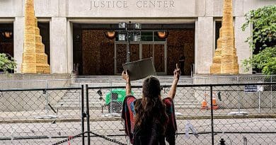 Daytime protester in front of the Multnomah County Justice Center in Portland, Oregon. Photo Credit: Ted Timmons, Wikipedia Commons