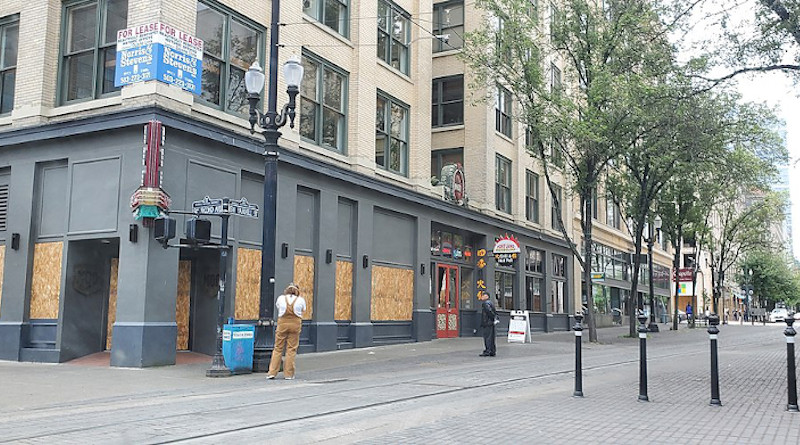 Boarded windows in downtown Portland following a series of demonstrations. Photo Credit: Another Believer, Wikipedia Commons