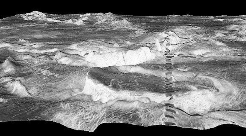 The circular mountain in the foreground is a 500 kilometre corona in the Galindo region of Venus. The dark rectangles are an artifact. CREDIT: Picture: NASA/JPL/USGS