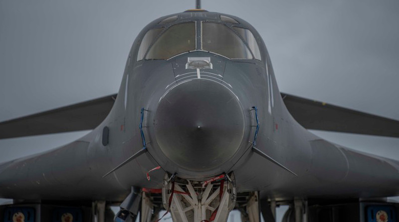 A 9th Expeditionary Bomb Squadron B-1B Lancer sits on the flightline at Andersen Air Force Base, Guam, May 1, 2020. About 200 airmen and four B-1s assigned to the 7th Bomb Wing at Dyess Air Force Base, Texas, deployed to support Pacific Air Forces training efforts with allies, partners and joint forces and to fly strategic deterrence missions in the Indo-Pacific region. Photo Credit: Air Force Senior Airman River Bruce