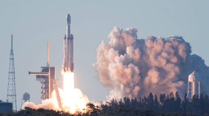 SpaceX's Falcon Heavy Arabsat 6A lifts off from Space Launch Complex 39A at Kennedy Space Center, Fla., April 12, 2019. This flight marks the second launch of the Falcon Heavy rocket; the most powerful space vehicle flying today. Photo Credit: Air Force 2nd Lieutenant Alex Preisser