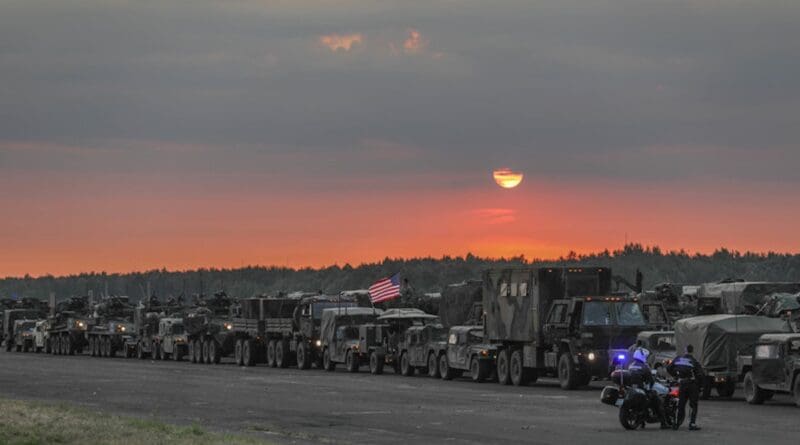 Strykers and military support vehicles belonging to the U.S. Army’s 3rd Squadron, 2nd Cavalry Regiment stage for departure from Sochazcew, Poland, for their return to Germany, June 18, 2018. Photo Credit: Army 1st Lt. Ellen Brabo