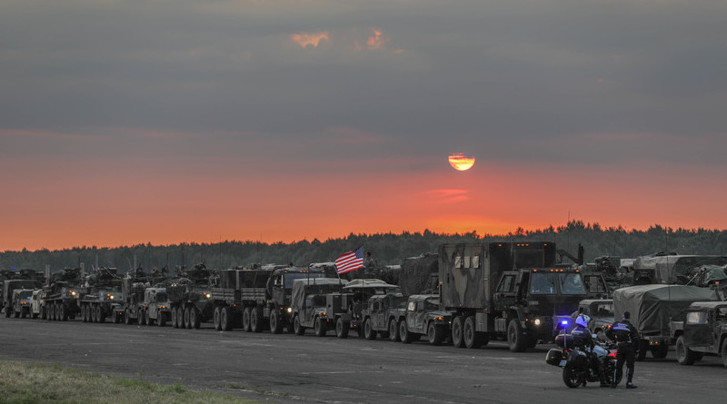 Strykers and military support vehicles belonging to the U.S. Army’s 3rd Squadron, 2nd Cavalry Regiment stage for departure from Sochazcew, Poland, for their return to Germany, June 18, 2018. Photo Credit: Army 1st Lt. Ellen Brabo