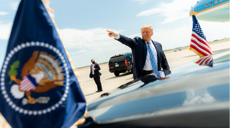 President Donald J. Trump waves and gestures to the crowd upon his arrival to Midland International Air and Space Port in Midland, Texas. Credit: Official White House Photo by Shealah Craighead