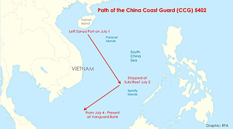 This chart shows the path of China Coast Guard ship 5402. Credit: Minh-Ha Le/RFA