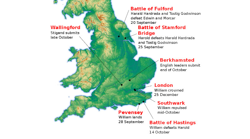 Location of major events during the Norman conquest of England in 1066. Credit: Amitchell125, Wikipedia Commons