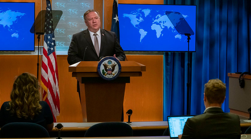 U.S. Secretary of State Michael R. Pompeo delivers remarks to the media in the Press Briefing Room, at the Department of State in Washington, D.C., on July 8, 2020. [State Department Photo by Ronny Przysucha / Public Domain]