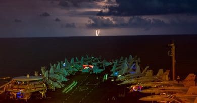 Lightning flashes over the aircraft carrier USS Nimitz (CVN 68) as it transits the South China Sea. Nimitz is the flagship of the Nimitz Carrier Strike Group (CSG). The Nimitz and Ronald Reagan CSGs are conducting dual carrier operations in the South China Sea as the Nimitz Carrier Strike Force. (U.S. Navy photo by Mass Communication Specialist 1st Class John Philip Wagner, Jr./Released)