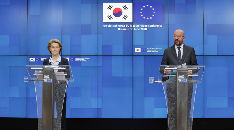 Ursula von der Leyen, President of the European Commission and Charles Michel, President of the European Council hold press conference on Republic of Korea-EU video conference. Photo Credit: European Union